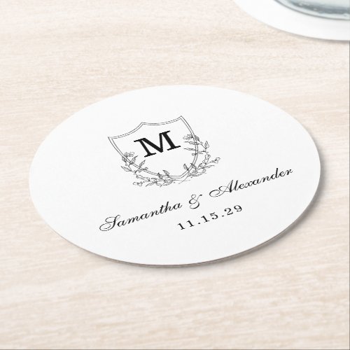 Elegant Black  White Crest Round Paper Coaster