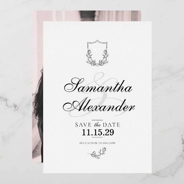 Elegant Black & White Crest Save the Date Foil Invitation (Front/Back)