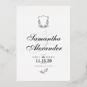 Elegant Black & White Crest Save the Date Foil Invitation