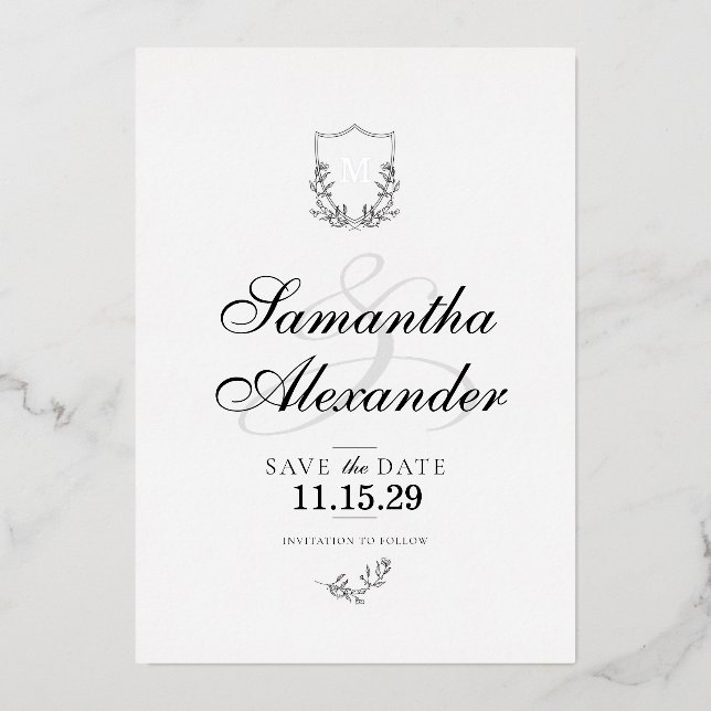 Elegant Black & White Crest Save the Date Foil Invitation (Front)