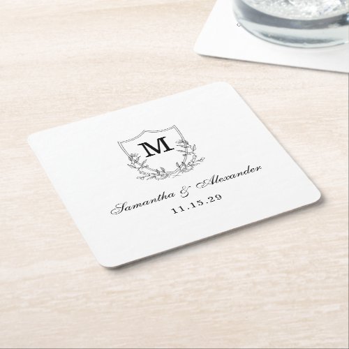 Elegant Black  White Crest Square Paper Coaster