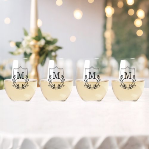 Elegant Black  White Crest Stemless Wine Glass