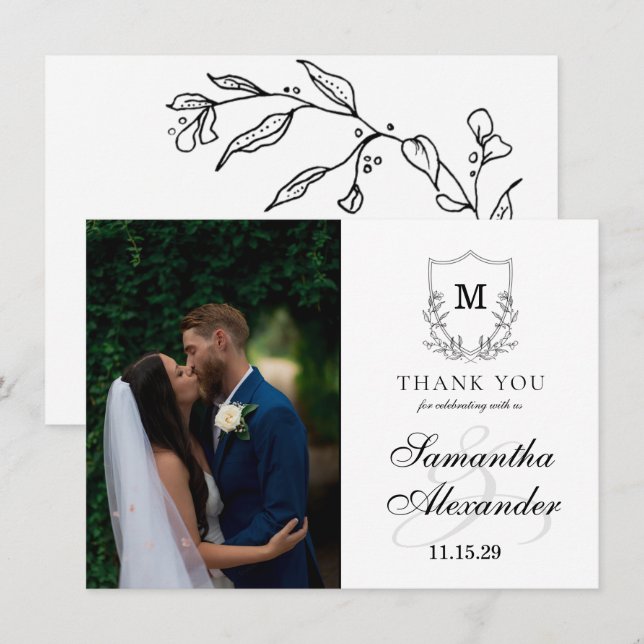 Elegant Black & White Crest Thank You Card (Front/Back)