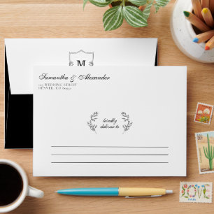 Elegant Black & White Crest Wedding Envelope