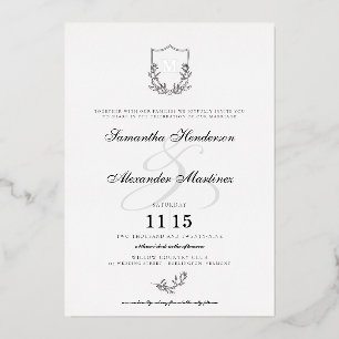 Elegant Black & White Crest Wedding Foil Invitation