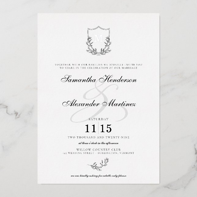 Elegant Black & White Crest Wedding Foil Invitation (Front)