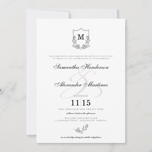 Elegant Black & White Crest Wedding Invitation (Front)
