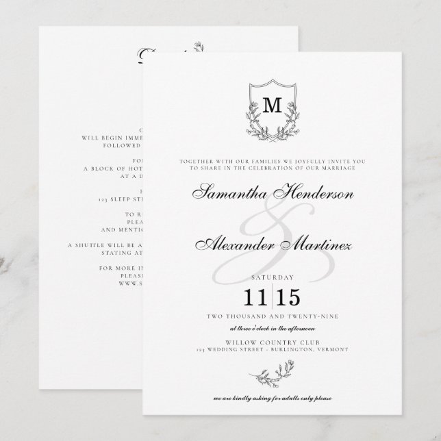 Elegant Black & White Crest with Details Wedding Invitation (Front/Back)
