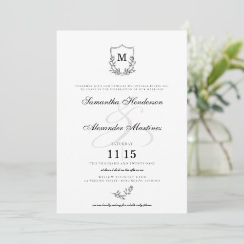 Elegant Black  White Crest with QR Code Wedding Invitation