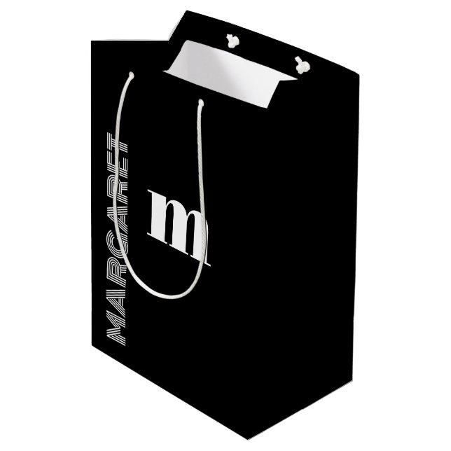 Elegant black &white custom initial name  medium gift bag (Back Angled)