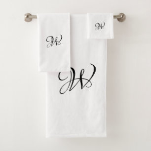 Elegant black white custom monogram initial chic bath towel set