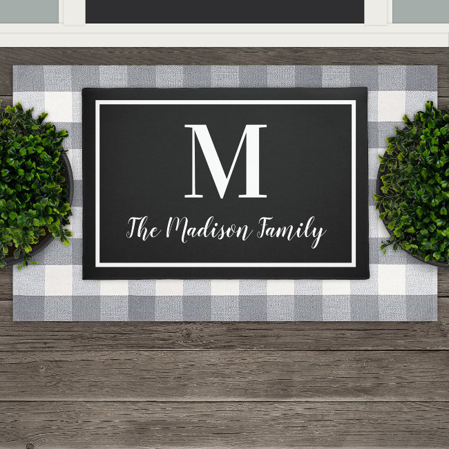 Elegant Black White Custom Monogram Initial Doormat