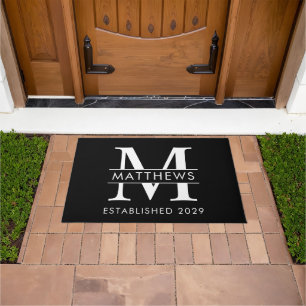 Elegant  Black White  Custom Monogram Name Doormat