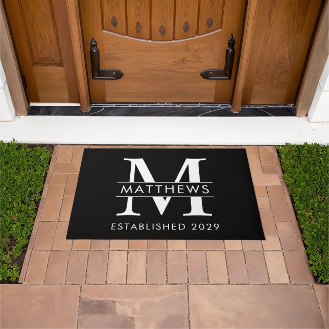 Elegant  Black White  Custom Monogram Name Doormat (Outdoor)