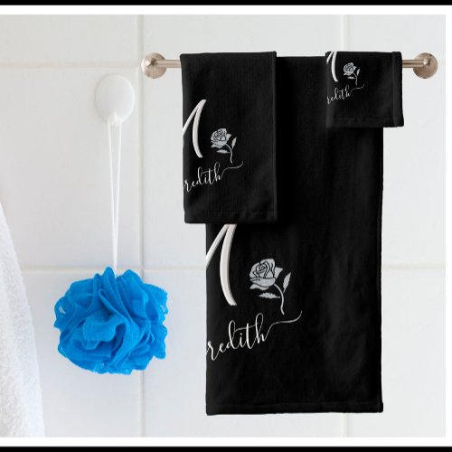 Elegant Black White Custom Monogram Name Flower Bath Towel Set