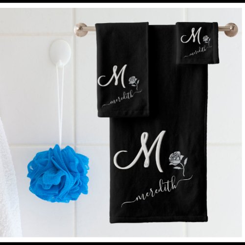 Elegant Black White Custom Monogram Name Flower  Bath Towel Set