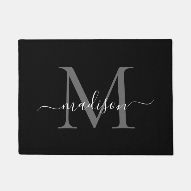 Elegant Black White Custom Monogram Script Name Doormat (Front)