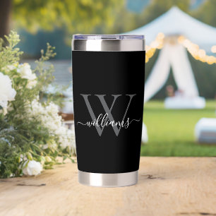 Elegant Black White Custom Monogram Script Name Insulated Tumbler