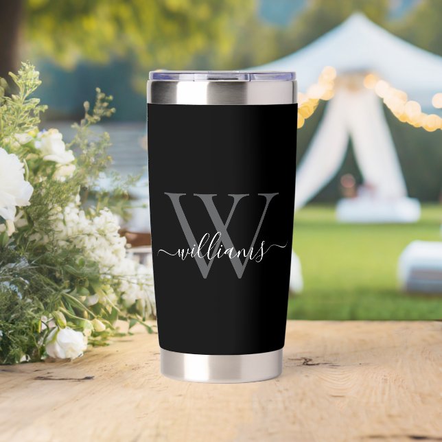 Elegant Black White Custom Monogram Script Name Insulated Tumbler (Wedding (Rotated))
