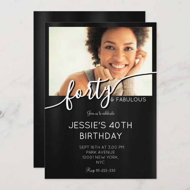 Elegant Black & White Custom Photo Fabulous 40th  Invitation (Front/Back)