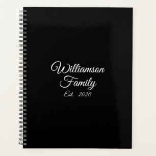 Elegant black white custom script family name date planner