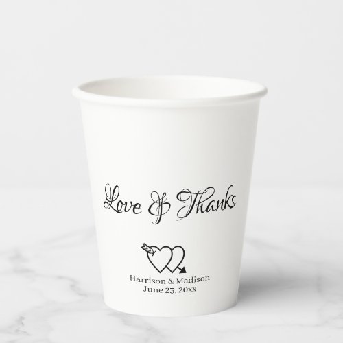 Elegant black white custom script hearts wedding paper cups