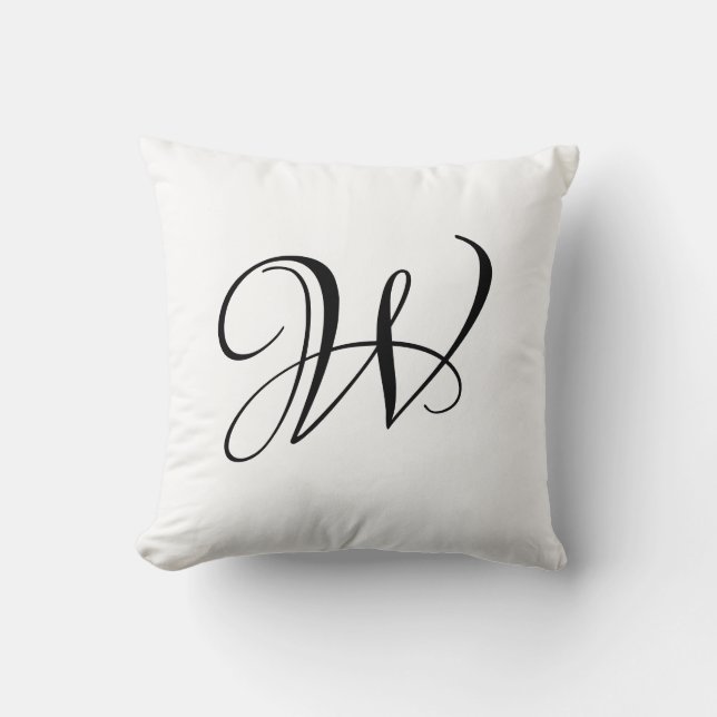 Elegant black & white custom script monogram throw pillow (Front)