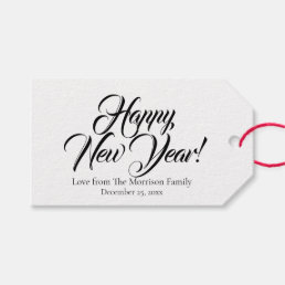 Elegant black white custom script text New Year Gift Tags