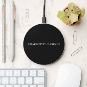 Elegant black white custom serif name simple chic wireless charger 