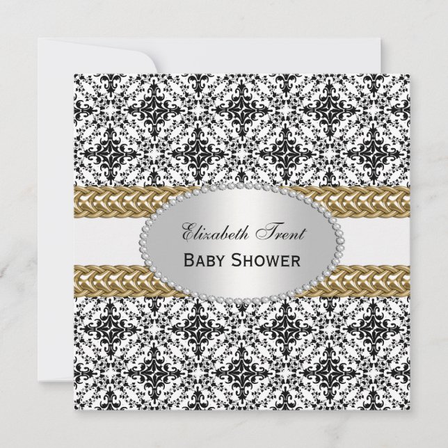 Elegant Black White Damask #2 Gold Baby Shower #2 Invitation (Front)