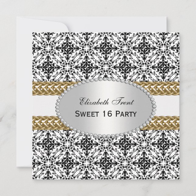 Elegant Black White Damask #2 Gold Sweet 16 #2 Invitation (Front)