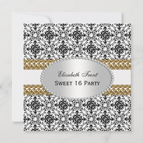 Elegant Black White Damask #2 Gold Sweet 16 #2 Invitations