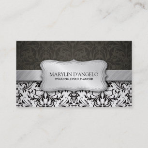 Elegant Black & White Damask and Metallic Silver Business Card