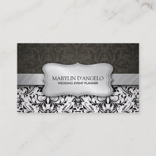 Elegant Black  White Damask and Metallic Silver Business Card