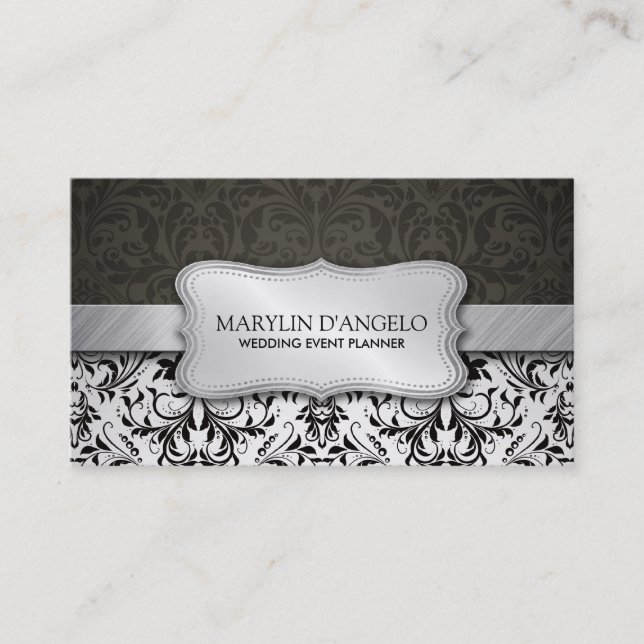 Elegant Black & White Damask and Metallic Silver Business Card (Front)
