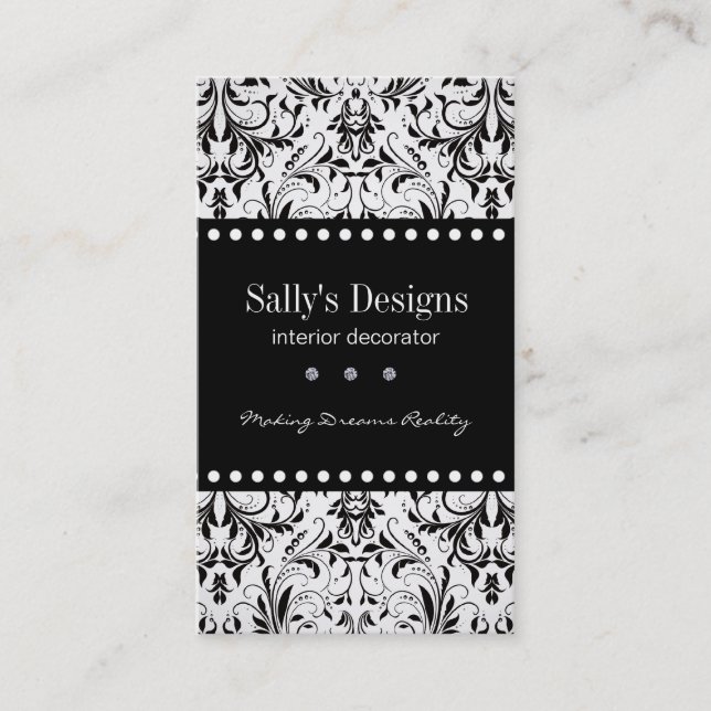 Elegant Black & White Damask Business Card (Front)