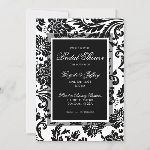 Elegant black  white damask custom bridal shower invitation