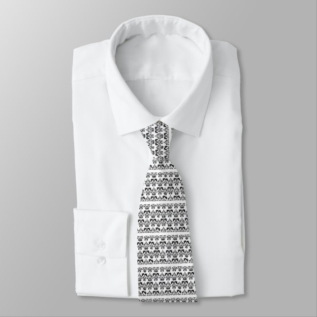 ELEGANT BLACK WHITE DAMASK FLORAL WITH STRIPES NECK TIE (Tied)