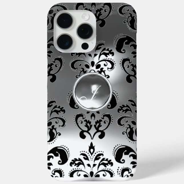 ELEGANT BLACK WHITE DAMASK GREY GEMSTONE MONOGRAM Case-Mate iPhone CASE (Back)