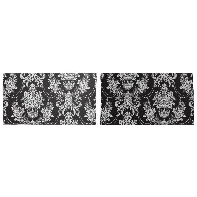 Elegant Black White Damask Metallic Pillow Case (Front-Set)
