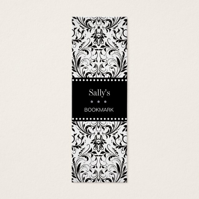 Elegant Black & White Damask Mini Bookmark (Front)