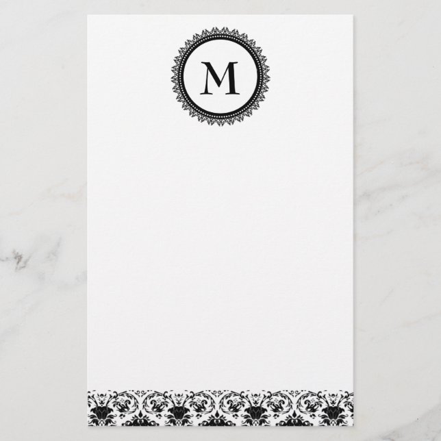 Elegant Black & White Damask Monogram Personalized Stationery (Front)