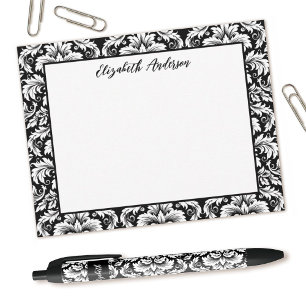 Elegant Black White Damask Note Card