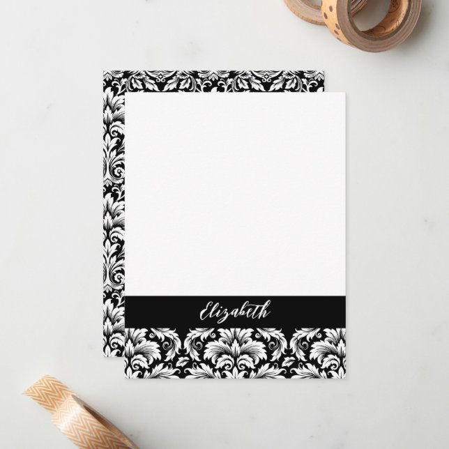 Elegant Black White Damask Note Card (Front/Back In Situ)