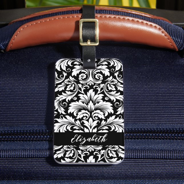 Elegant Black White Damask Pattern Luggage Tag (Front Insitu 2)