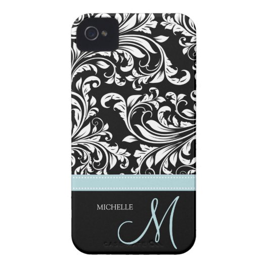 Elegant Black & White Damask Pattern with Monogram Case-Mate iPhone Case (Back)