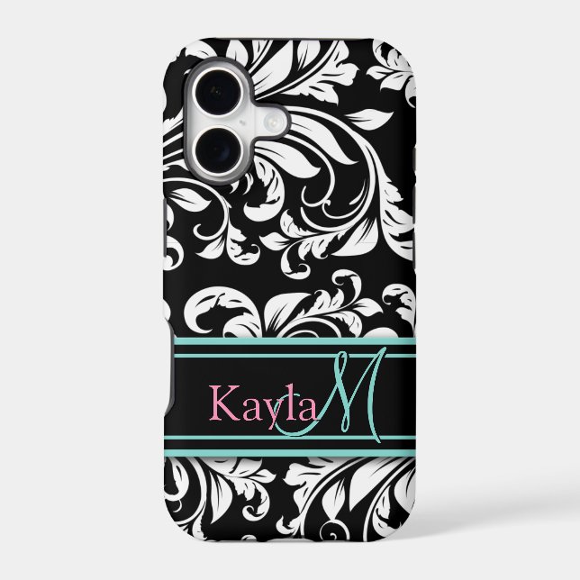 Elegant Black & White Damask Pattern with Monogram Iphone Case (Back)