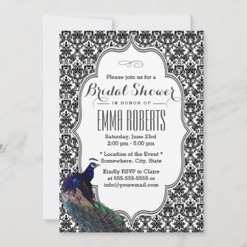 Elegant Black & White Damask Peacock Bridal Shower Invitation by myinvitation at Zazzle