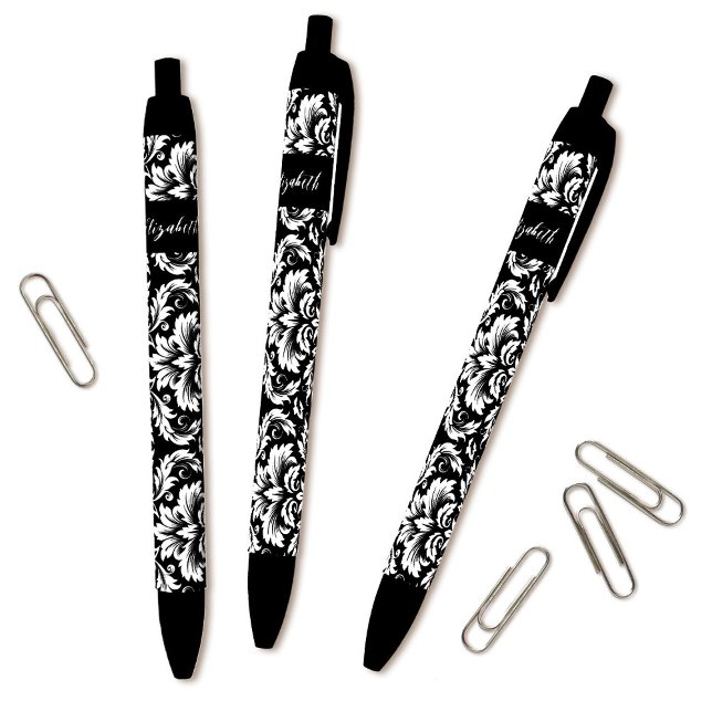 Elegant Black White Damask Pen (Cute personalized black and white damask pattern pens go great with the matching journal.)