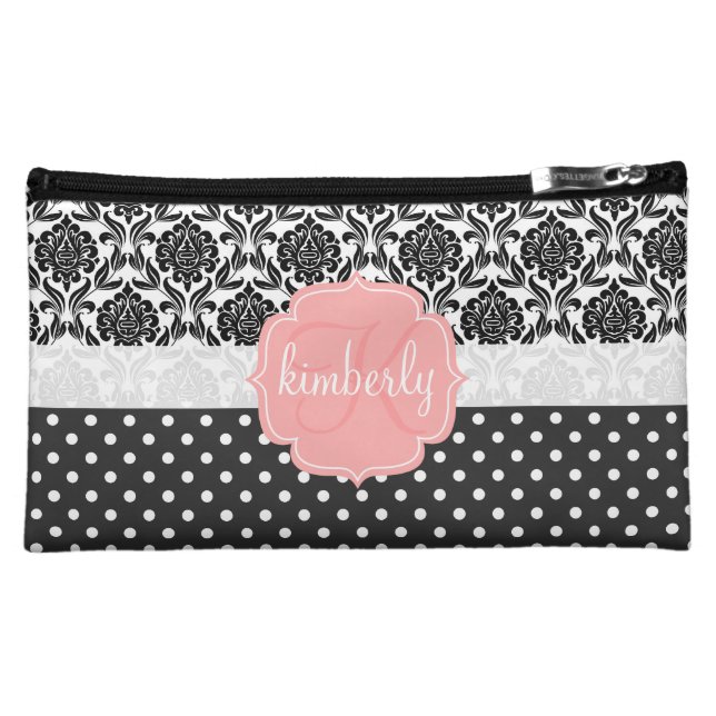 Elegant Black & White Damask Pink Girly Monogram Cosmetic Bag (Front)